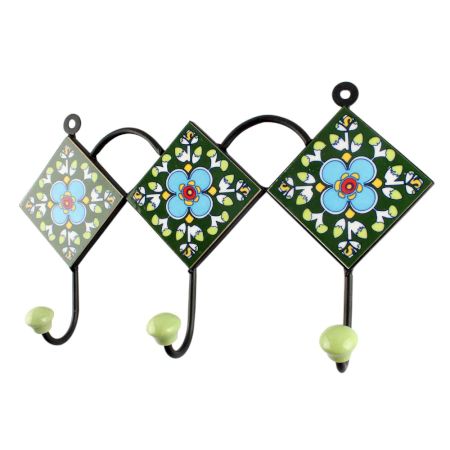 Forest Green Floral Ceramic Tile Hook